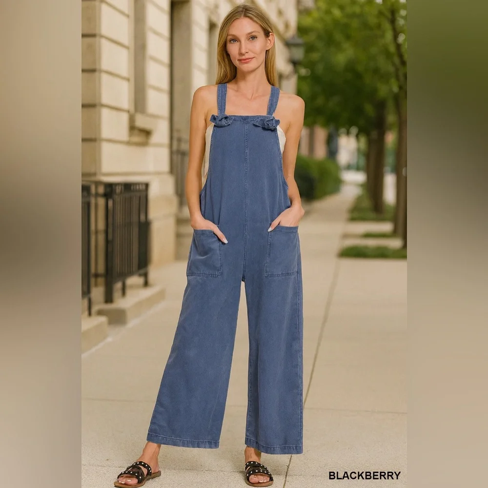 ZENANA ROYAL BLUE KNOT STRAP WIDE LEG CROPPED JUMPSUIT SIZE M - Picture 3 of 9